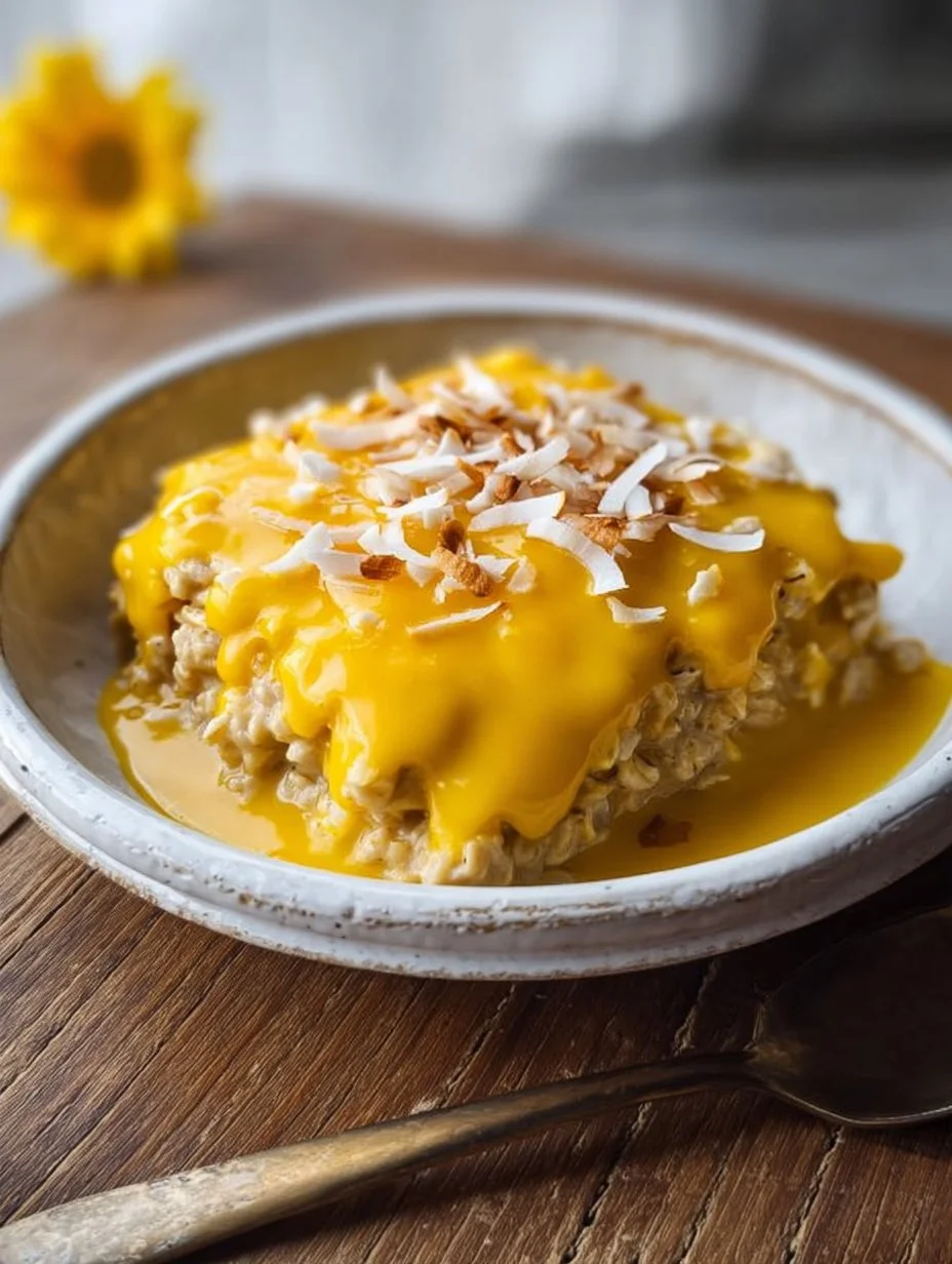 Delicious Mango Coconut Baked Oats topped with fresh mango and coconut flakes.