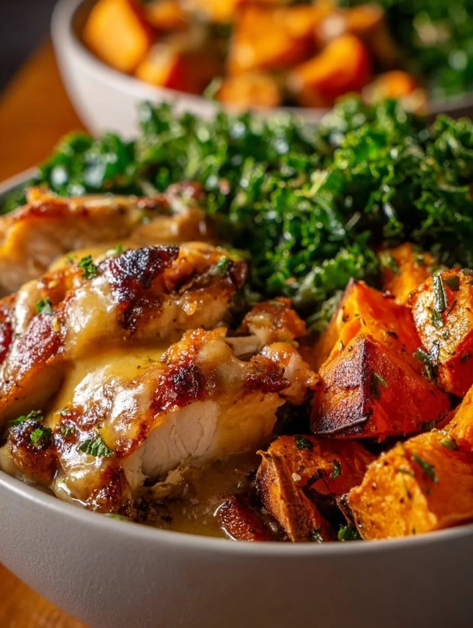 Maple Dijon Chicken served with roasted sweet potatoes in a vibrant bowl
