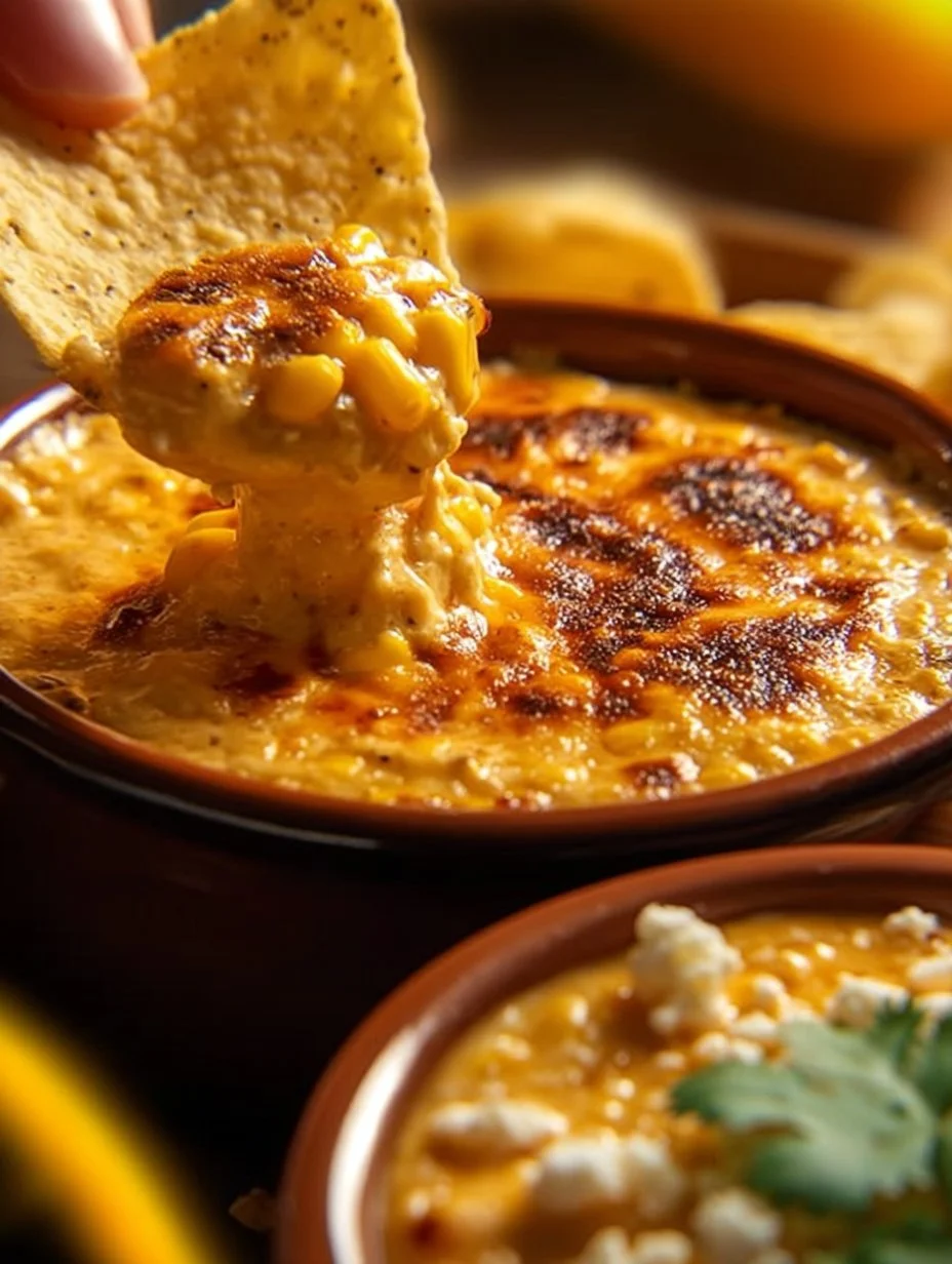 Bowl of Mexican smoky corn dip served with tortilla chips