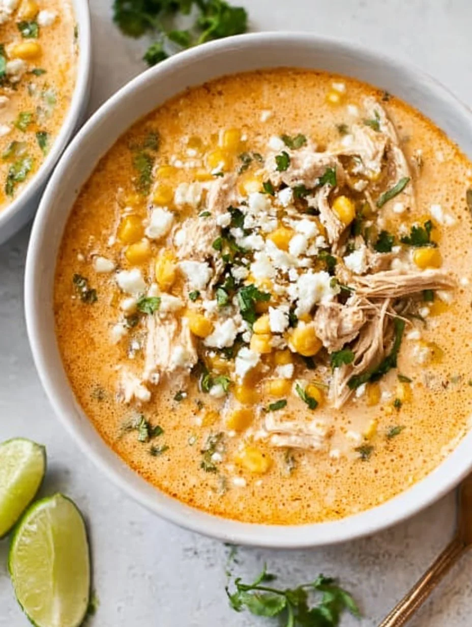 Bowl of delicious Mexican street corn soup topped with cheese and cilantro