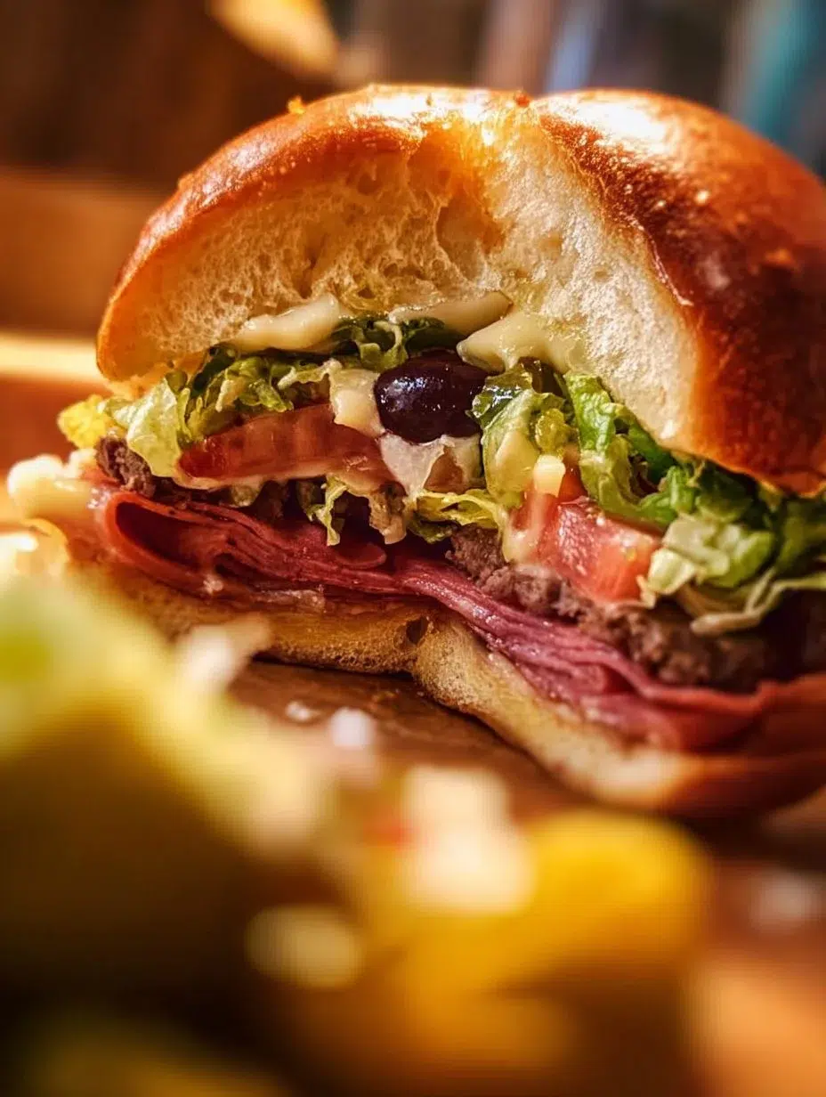 Delicious Muffuletta Stuffed Burger with olive salad and melted cheese