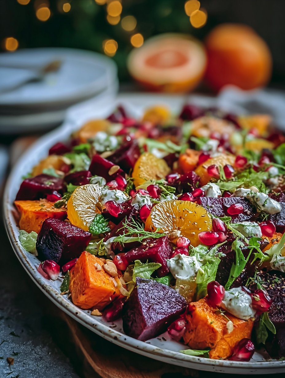 Winter Jewel Salad with Roasted Beets, Sweet Potato & Citrus Honey Yogurt Drizzle