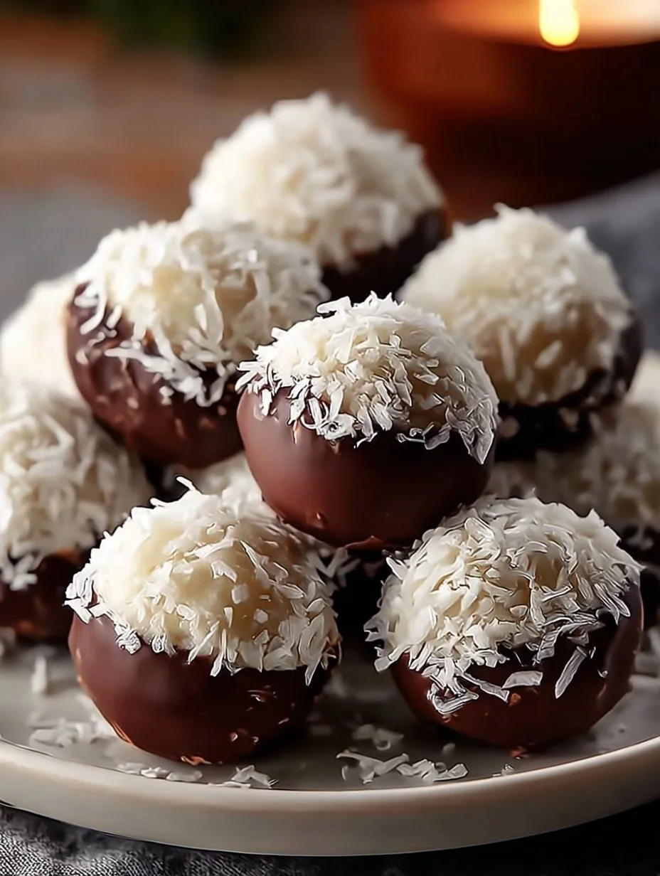 Delicious no bake coconut cream balls drizzled with chocolate and sprinkled with coconut flakes.