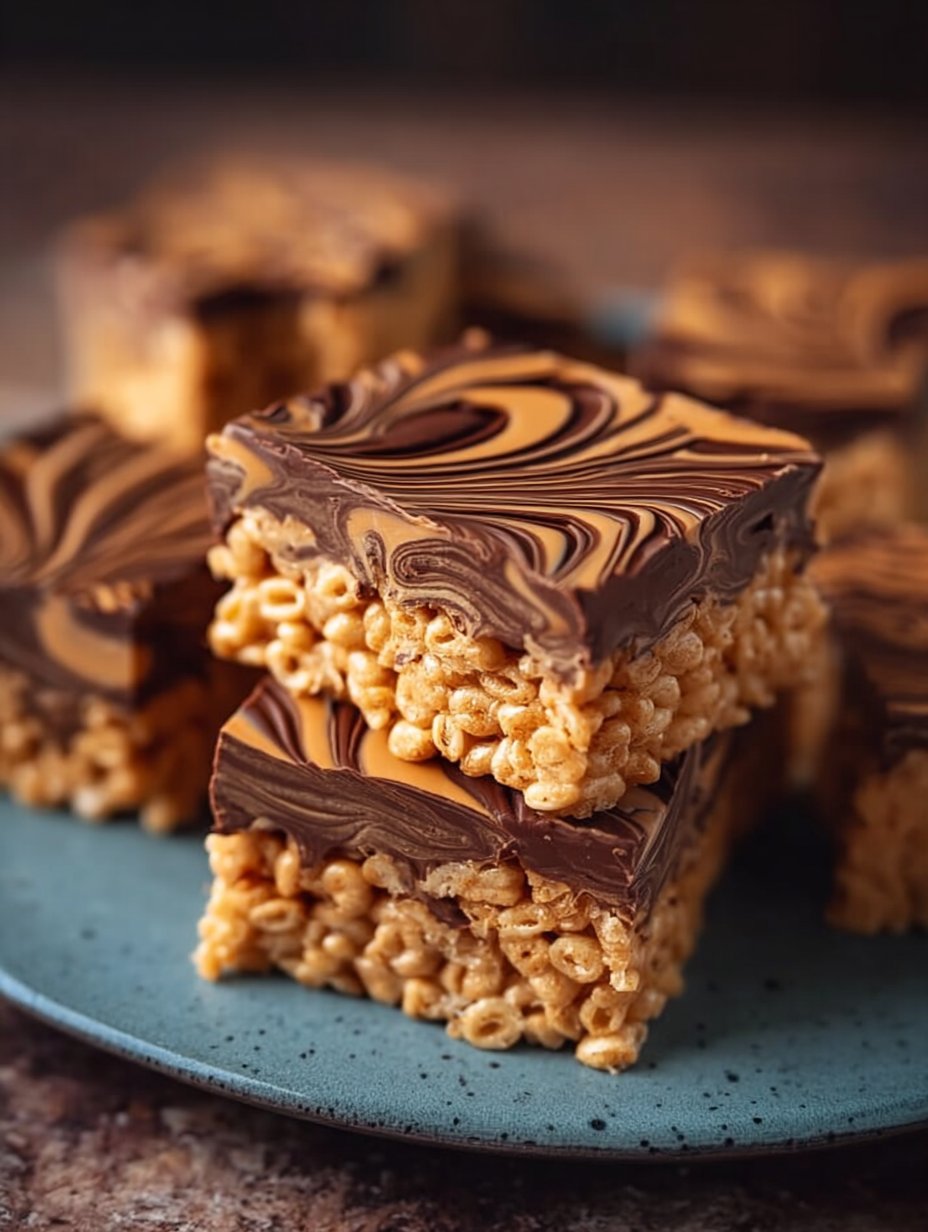Peanut Butter Rice Krispie Treats with Chocolate Swirl