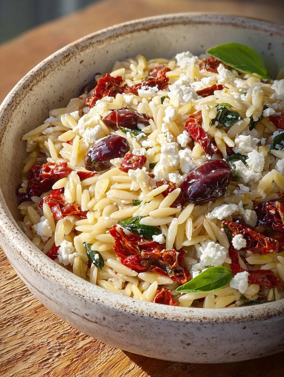 Homemade Orzo Pasta Salad with Feta and Sun Dried Tomatoes - flirtyfood