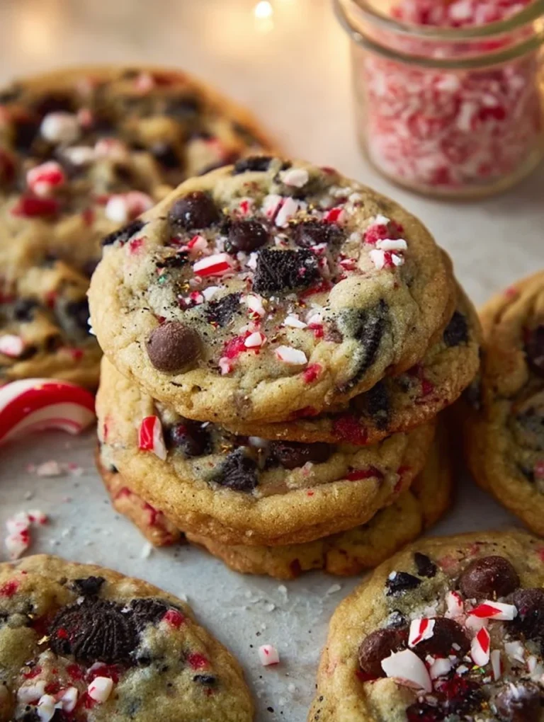 Oreo Chocolate Chip Peppermint Cookies topped with crushed peppermint candy.