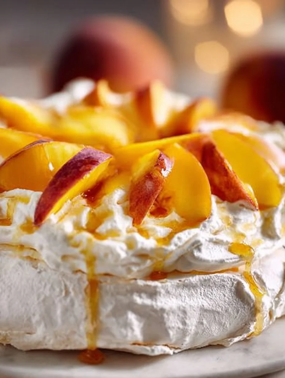 Delicious Peach Pavlova topped with fresh peaches and whipped cream dessert