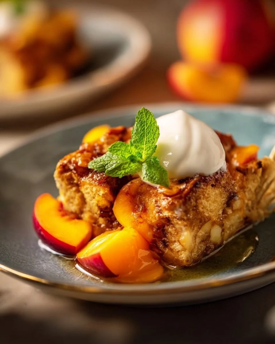 Peaches and Sour Cream Pound Cake Bread Pudding served in a dessert bowl