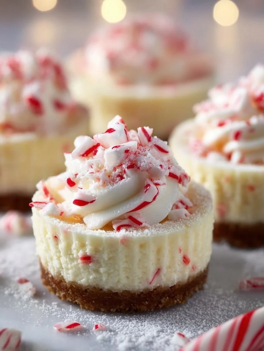 Peppermint mini cheesecakes topped with whipped cream and crushed mint candy.