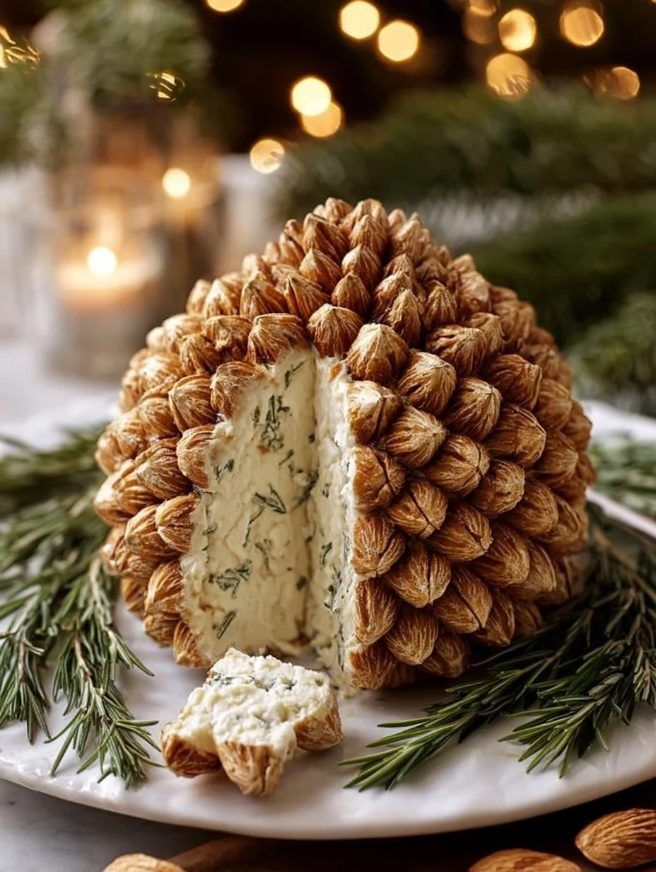 Pine Cone Cheese Ball appetizer decorated for a festive occasion