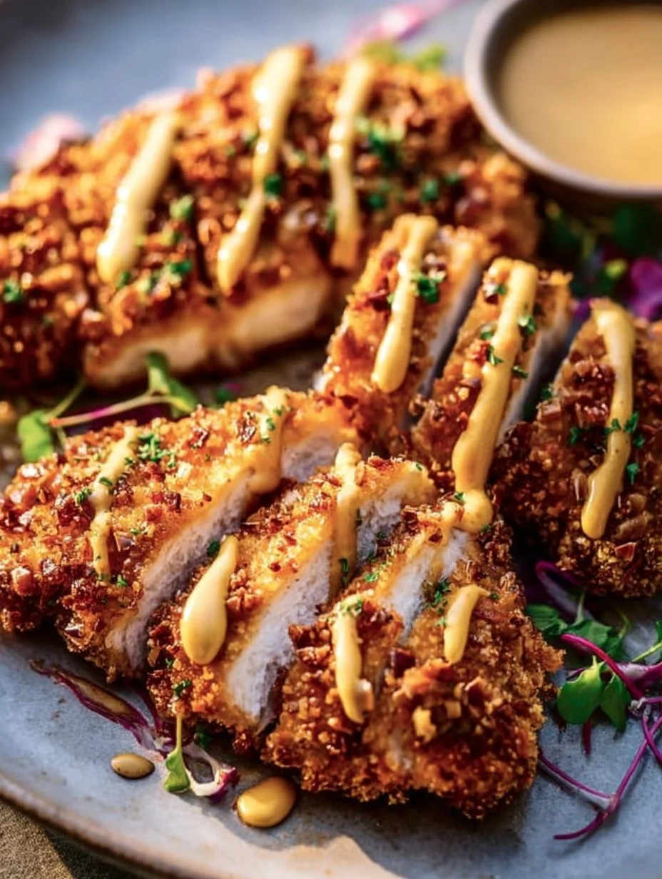 Crispy Pretzel Chicken served on a plate with dipping sauce.
