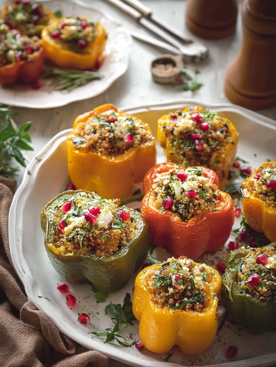 Quinoa stuffed bell peppers with squash and cranberries served on a plate