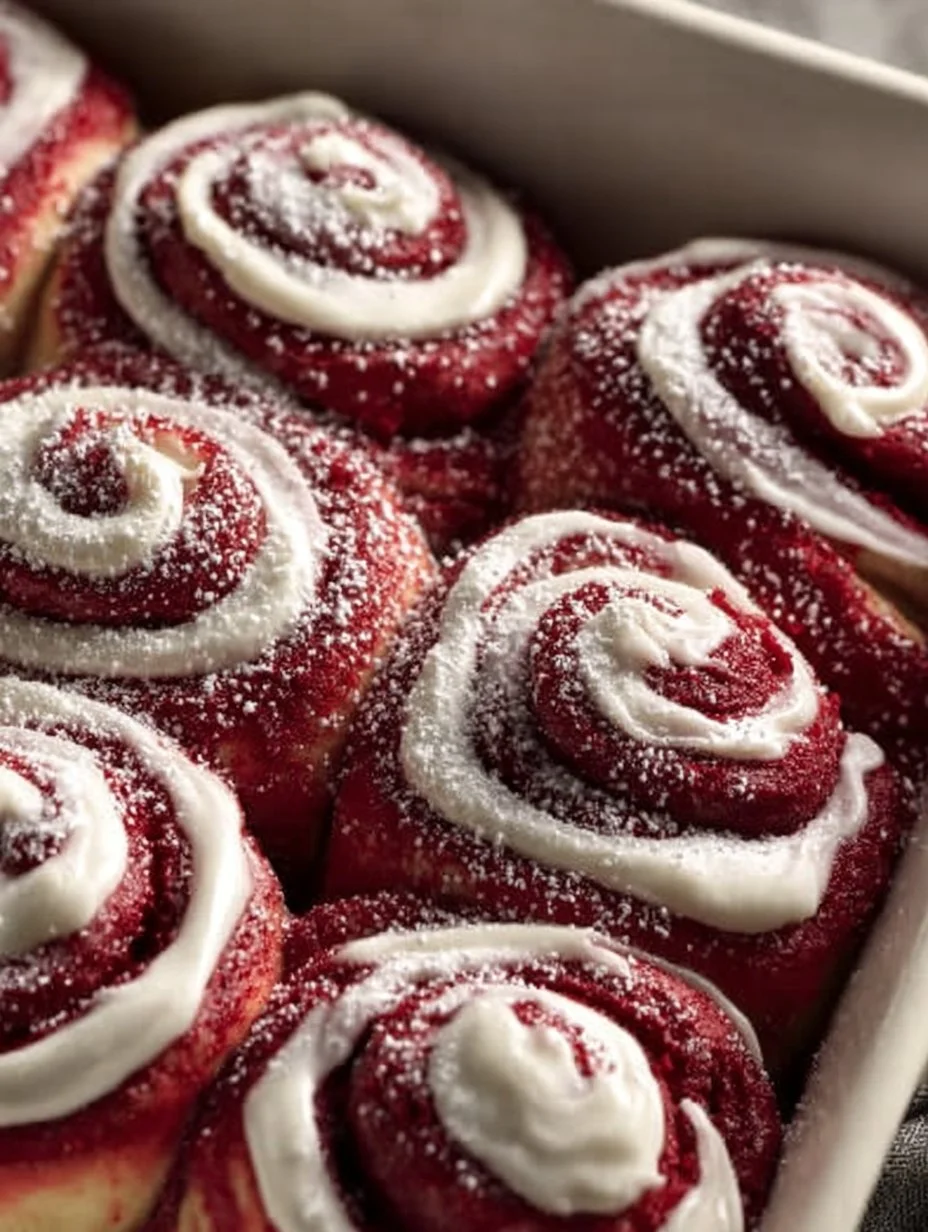 Delicious red velvet cinnamon rolls topped with cream cheese icing.