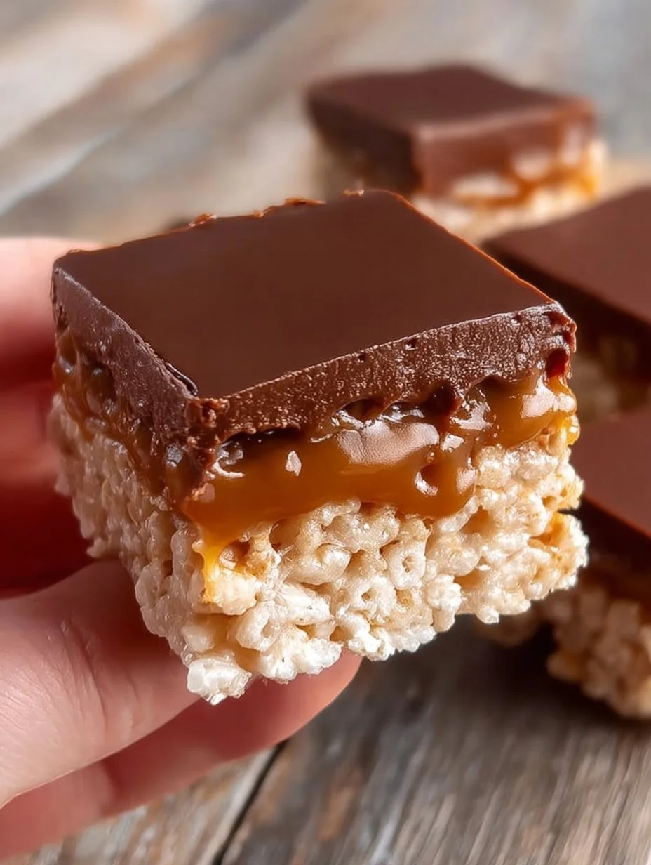 Delicious Rice Krispies Millionaires Bars with chocolate and caramel layers.