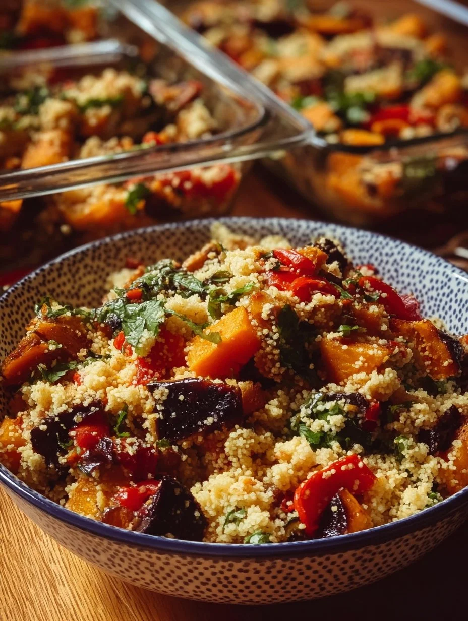 Colorful roast vegetable couscous salad filled with fresh ingredients and spices.