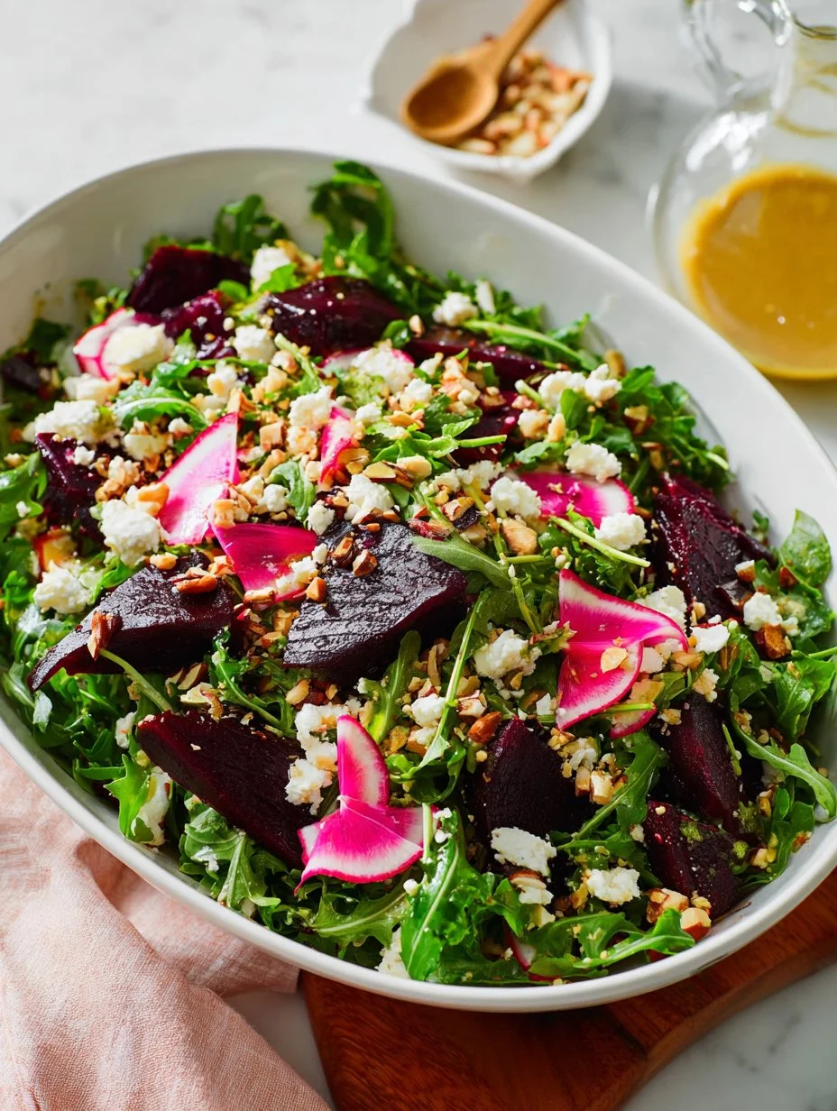 Roasted beet salad topped with goat cheese and drizzled with honey