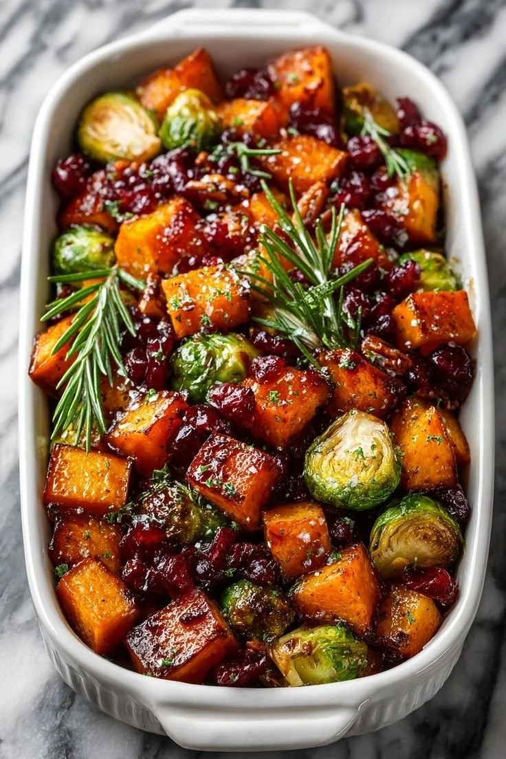 Roasted butternut squash and Brussels sprouts with pecans and cranberries