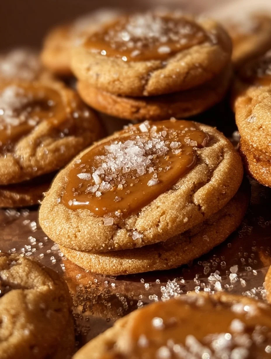 Freshly baked salted caramel cookies with a sprinkle of sea salt on top