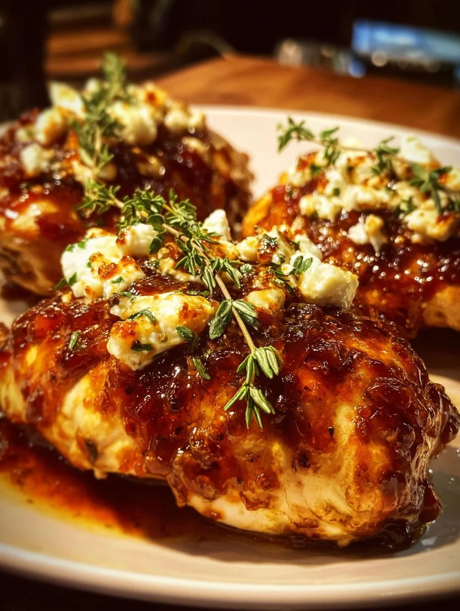 Slow Cooker Chicken dish with Fig Jam and Goat Cheese served on a plate