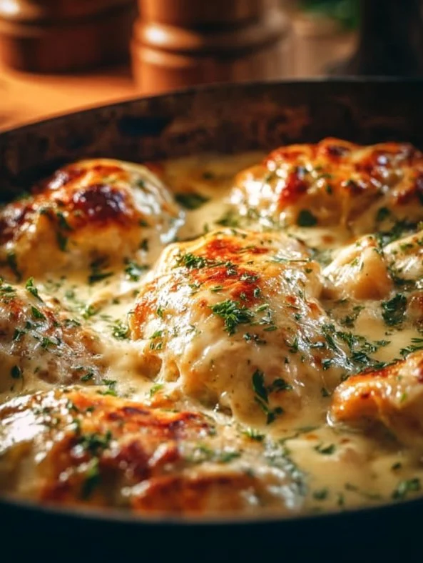 Delicious smothered cheesy sour cream chicken served with sides.