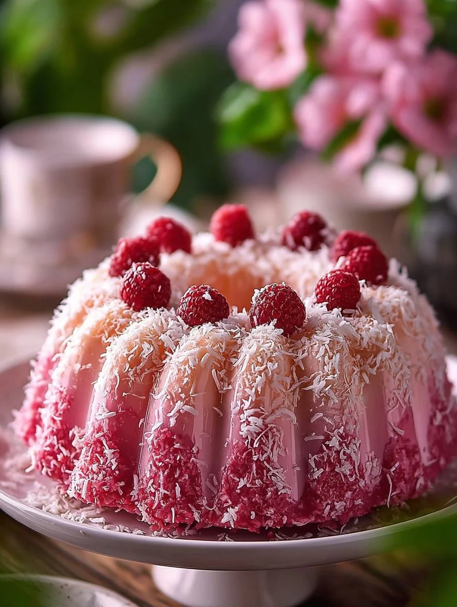 Delicious Snowball Cake topped with raspberry and coconut flakes
