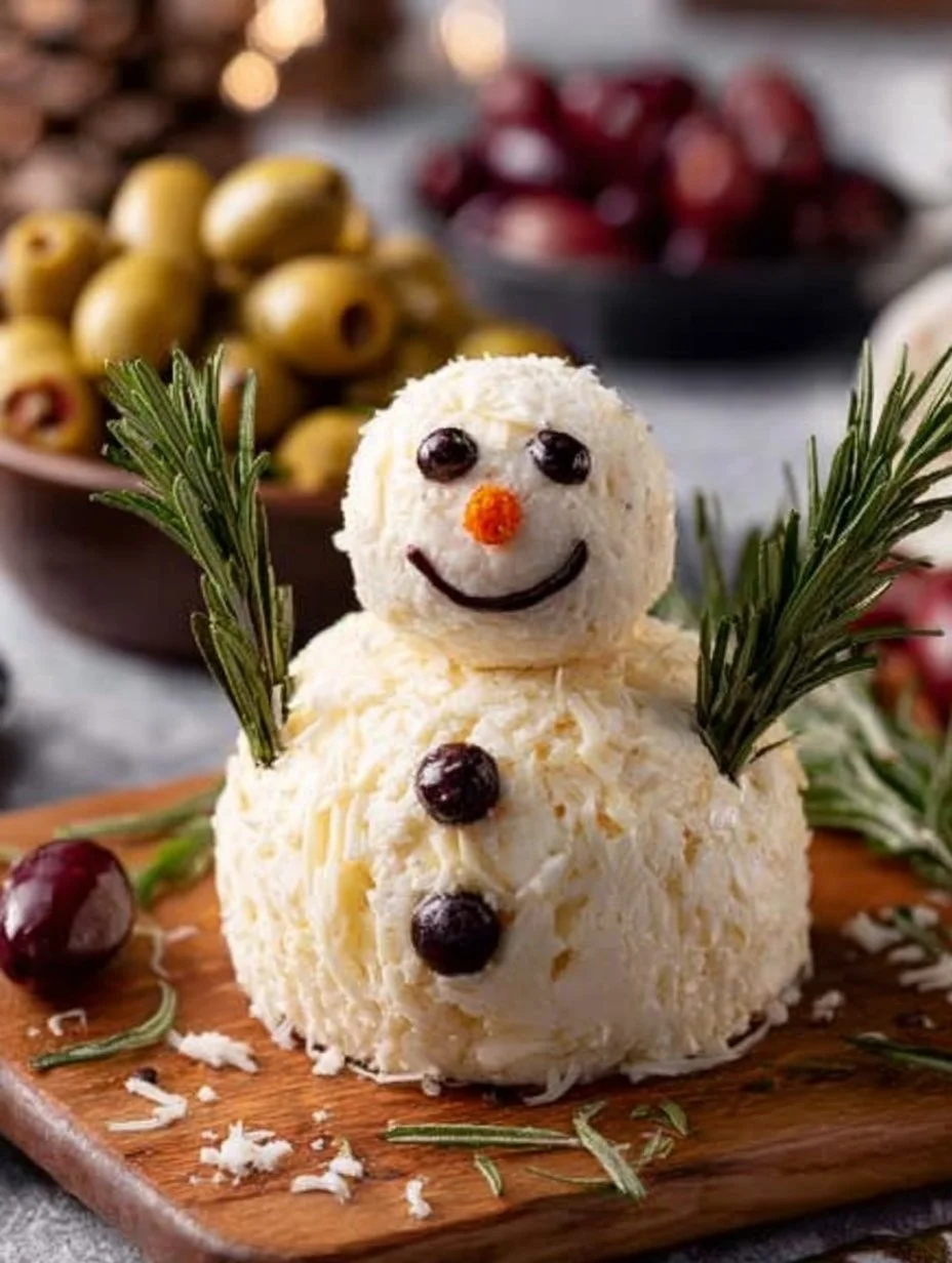 Decorative Snowman Cheeseball for holiday parties and gatherings