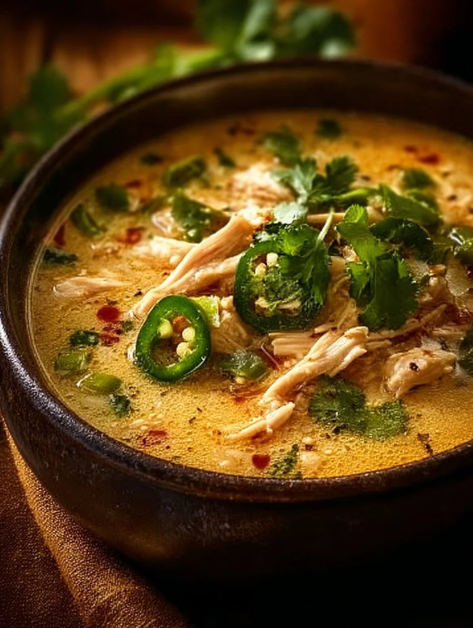 Bowl of spicy jalapeño popper chicken soup garnished with cheese and jalapeños