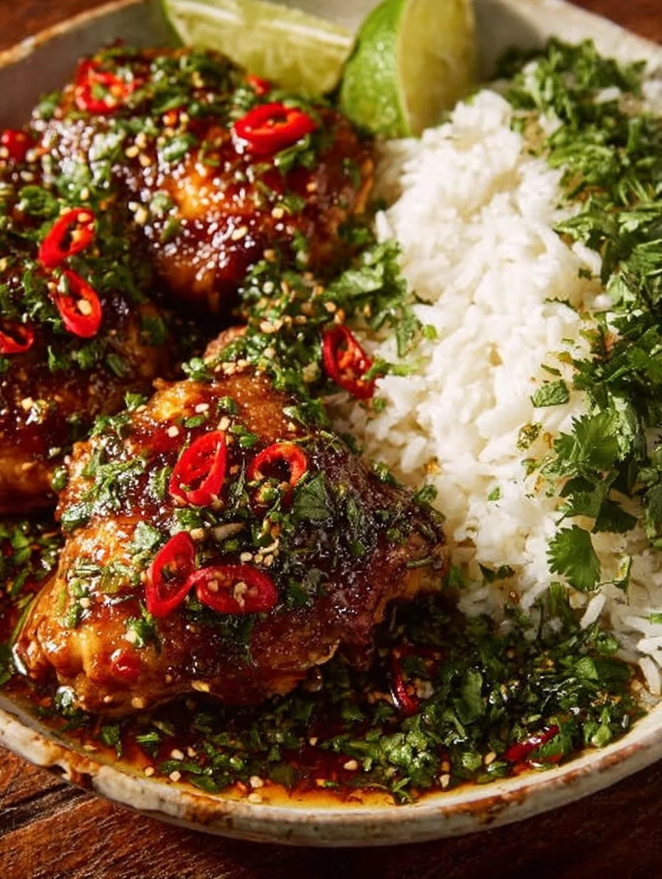 Plate of Spicy Maple Chicken with Coconut Rice drizzled in sauce