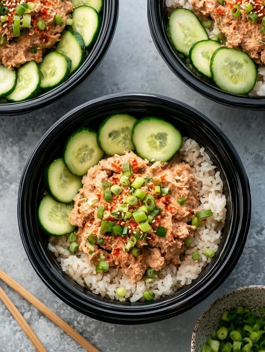 Spicy Tuna Rice Bowls garnished with fresh vegetables and spicy sauce