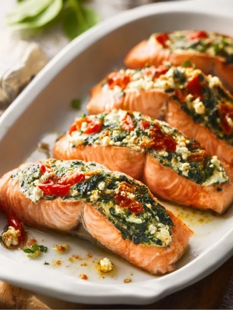 Stuffed salmon with spinach and feta served on a plate, garnished with herbs.