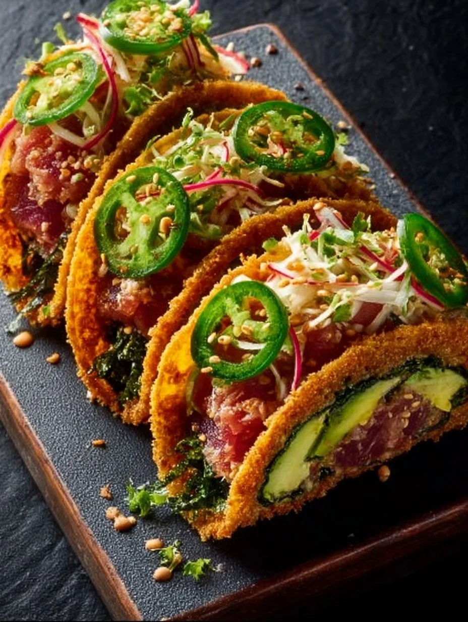 Delicious sushi tacos showcasing a fusion of sushi ingredients in taco form