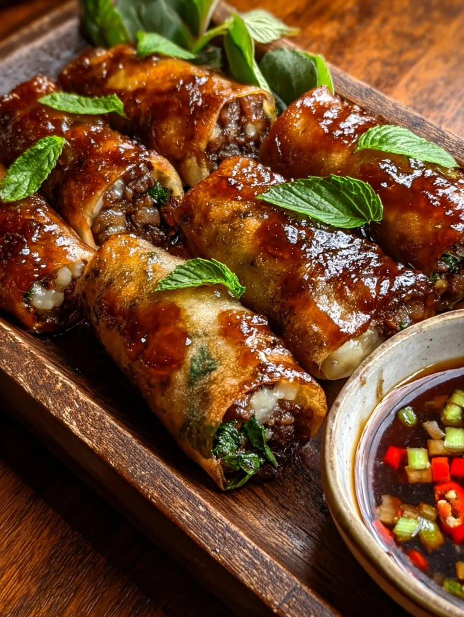Thai Basil Beef Rolls featuring tender beef and fresh thyme in a delectable presentation.