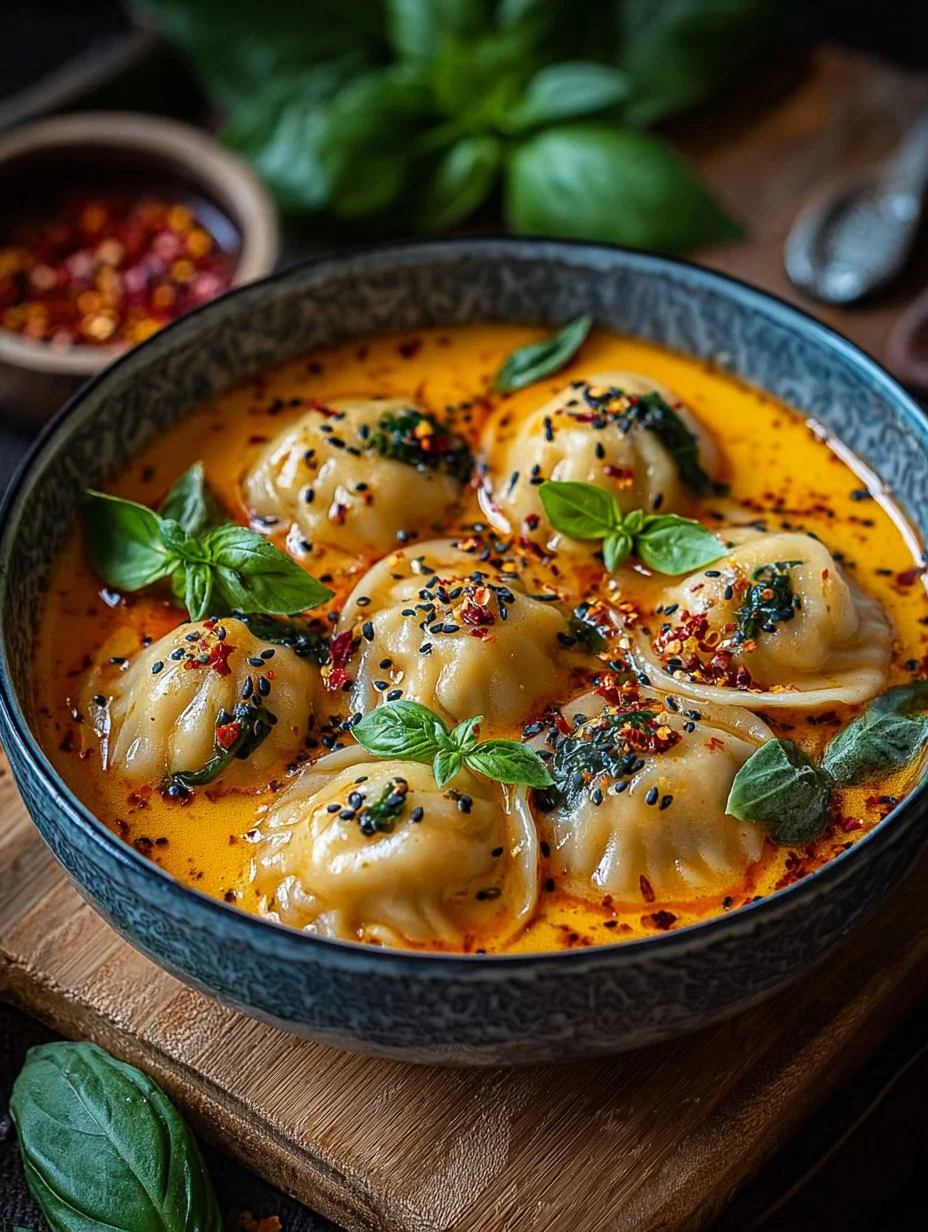 Bowl of Thai Curry Dumpling Soup with fresh herbs and colorful ingredients