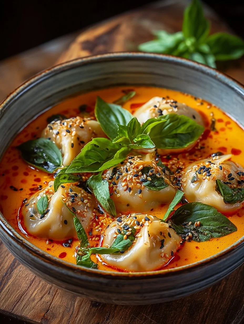 Bowl of Thai curry dumpling soup with colorful vegetables and pot stickers.