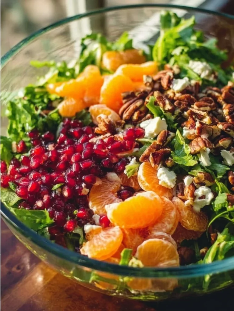 A colorful winter salad featuring seasonal greens, nuts, and fruits.