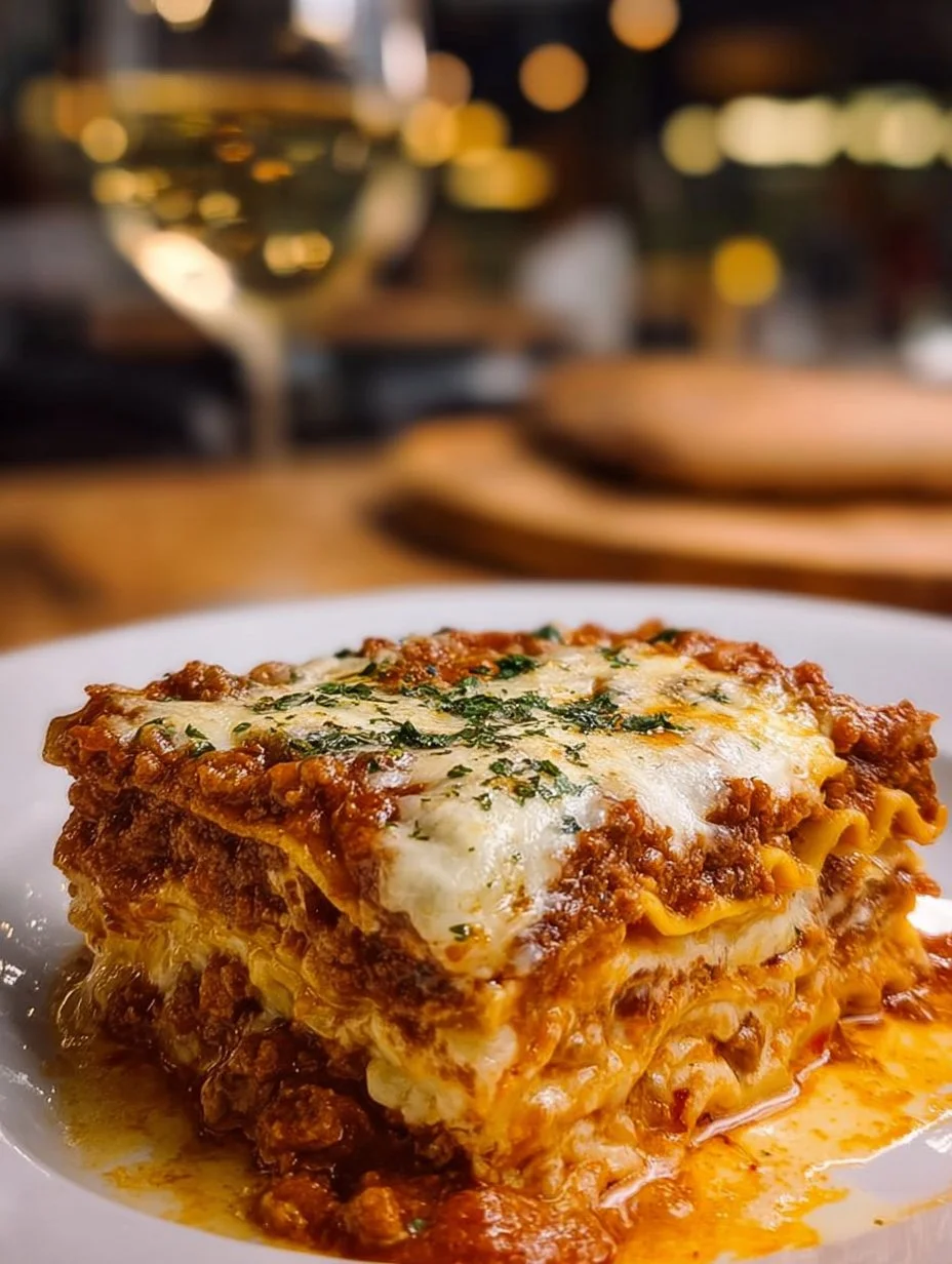 A delicious, cheesy lasagna served with fresh herbs and garnished on a plate.