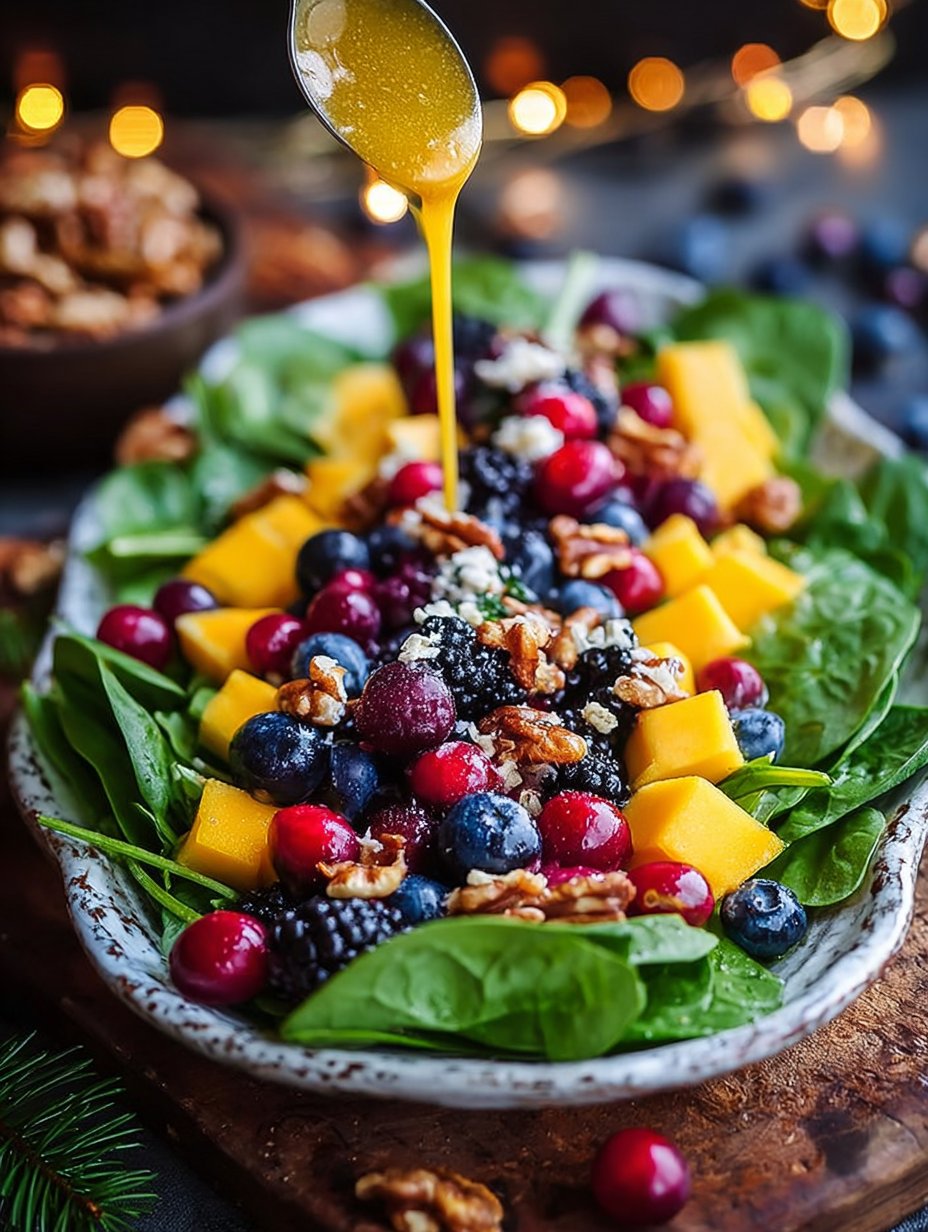 Vibrant Mango, Berry & Spinach Christmas Salad with Honey Mustard Citrus Drizzle
