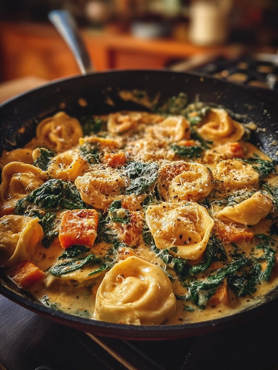 Creamy Skillet Tortellini with Sweet Potato and Spinach