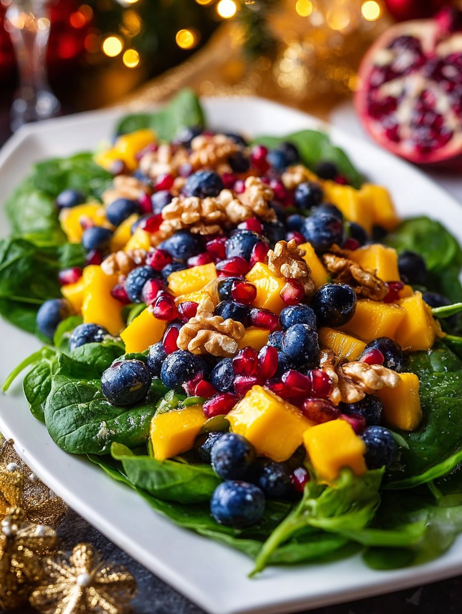 Vibrant Mango, Berry & Spinach Christmas Salad with Honey Mustard Citrus Drizzle