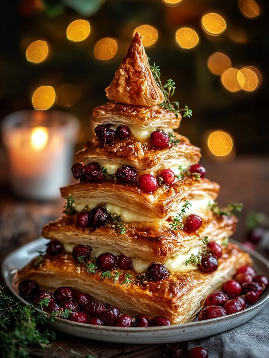 Golden Brie-Stuffed Cranberry Puff Pastry Christmas Tree