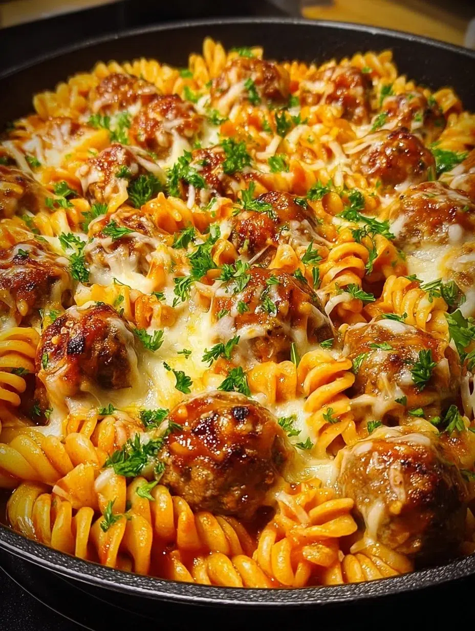 BBQ Ranch Meatball and Cheddar Pasta Skillet dish served in a skillet