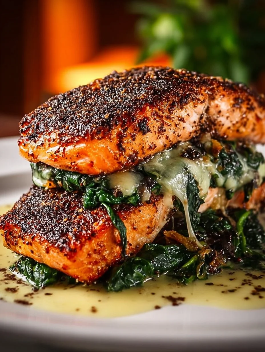 Blackened salmon fillet stuffed with spinach and parmesan cheese on a plate