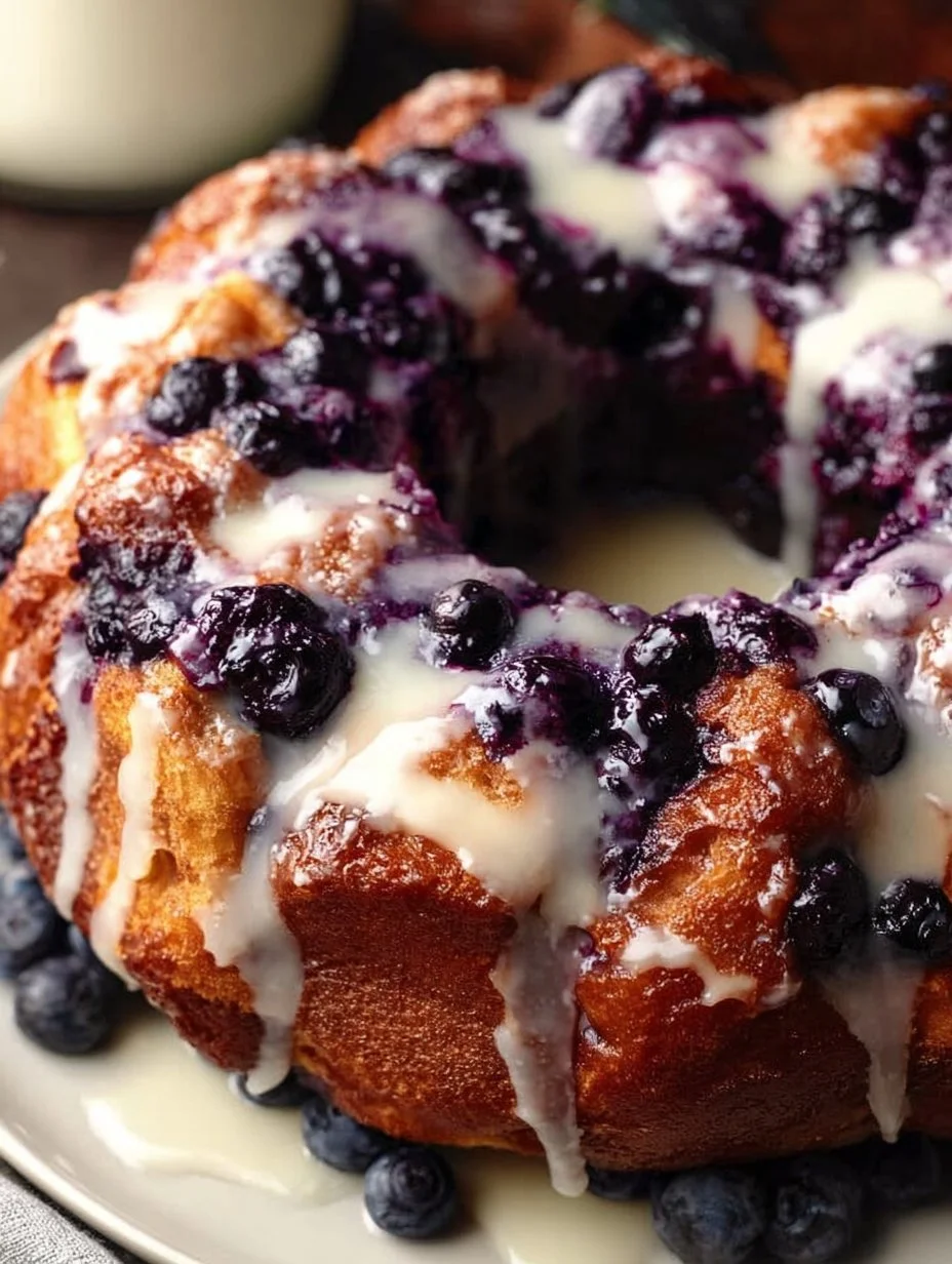 Freshly baked blueberry monkey bread with blueberries and glaze