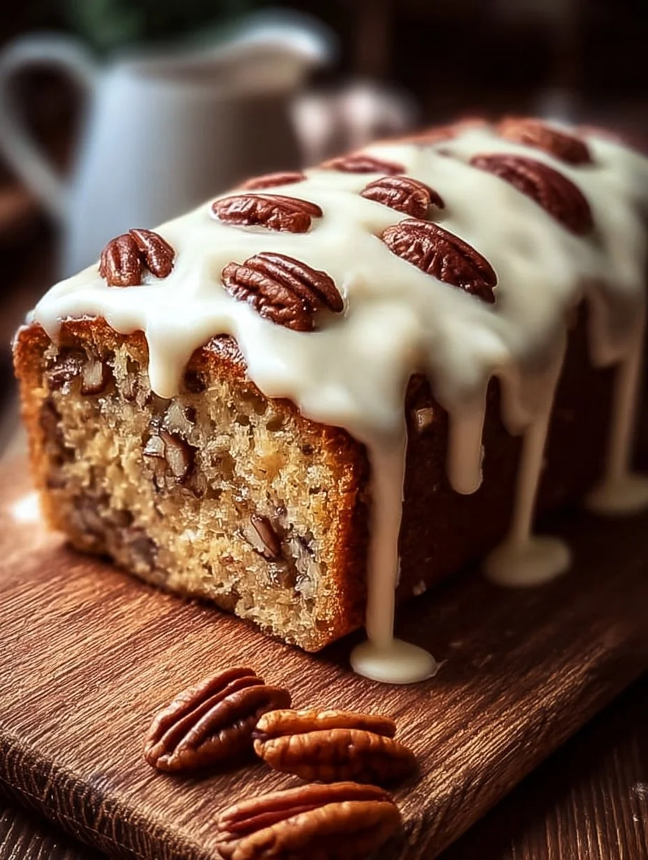 Delicious Butter Pecan Cake loaf with cream cheese icing on a table