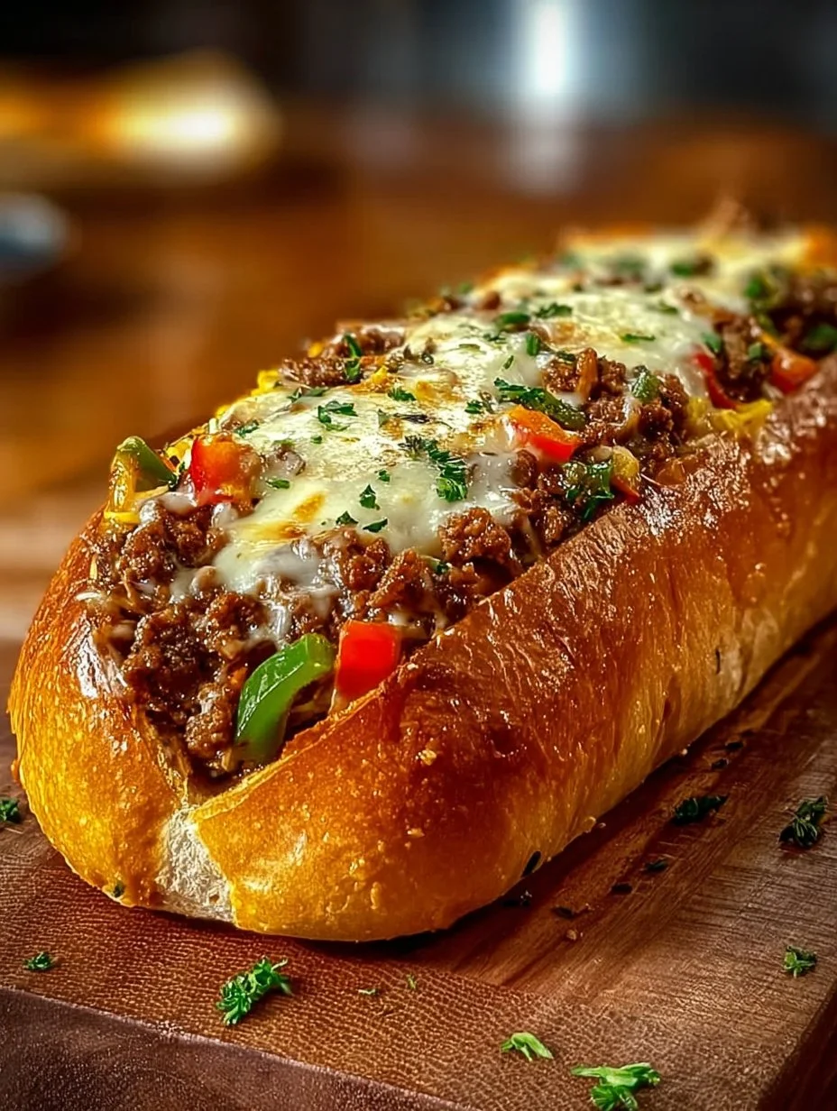 Cheesesteak loaf stuffed with savory ingredients in a garlic bread
