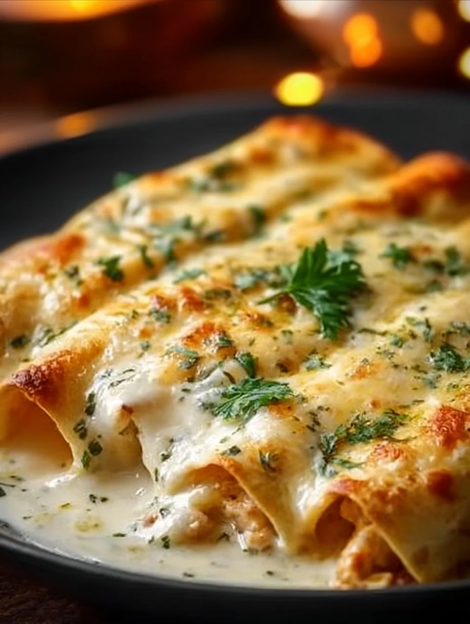 Chicken enchiladas with sour cream white sauce served on a plate