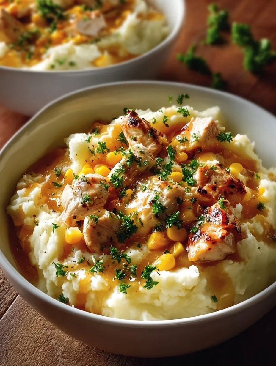 Delicious Chicken Mashed Potato Bowl with tender chicken and creamy mashed potatoes