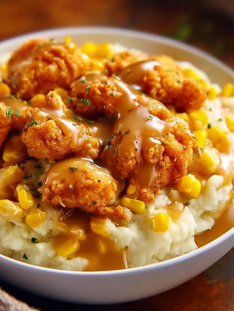 Delicious Chicken Mashed Potato Bowls topped with gravy and herbs