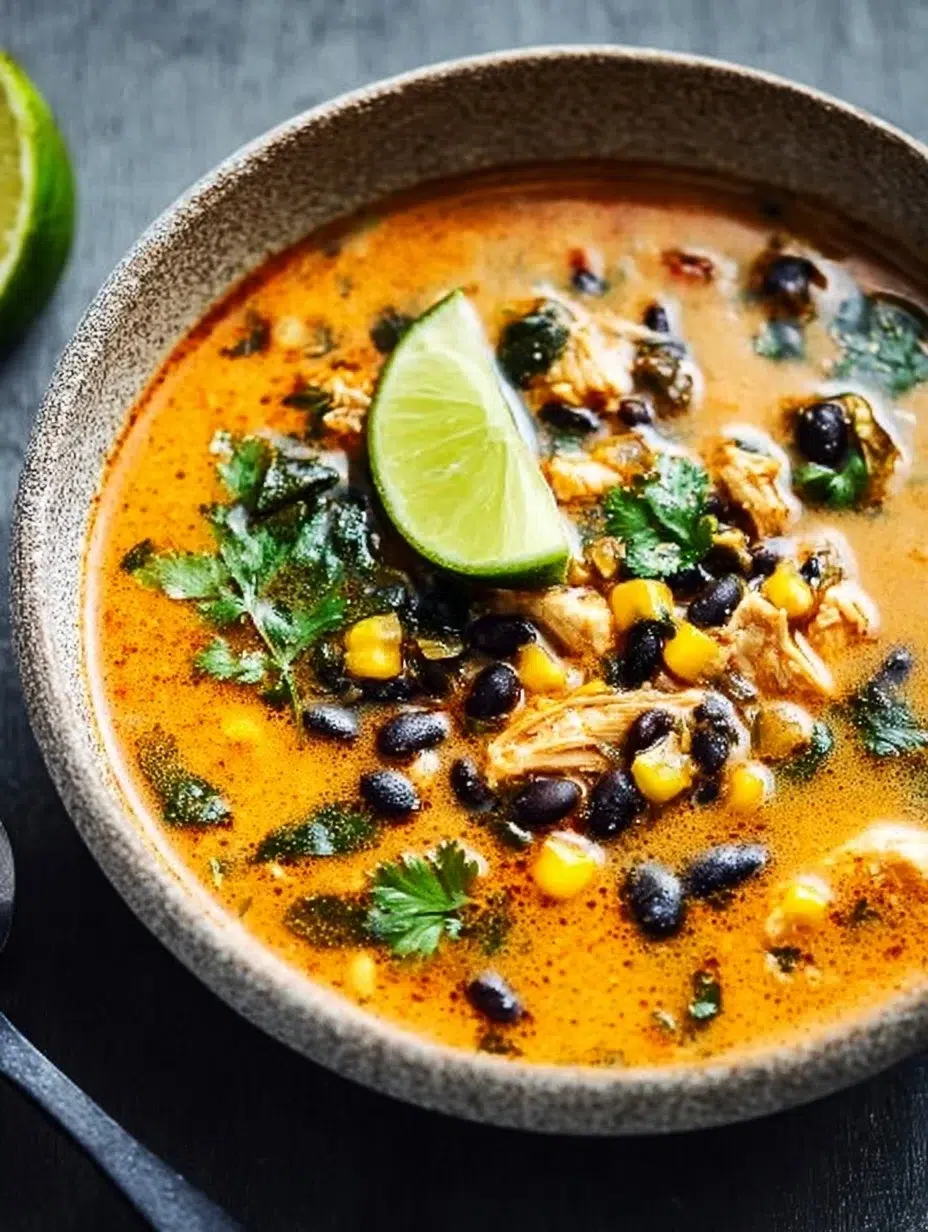 Bowl of Chicken Poblano Soup with vibrant green peppers and chicken pieces