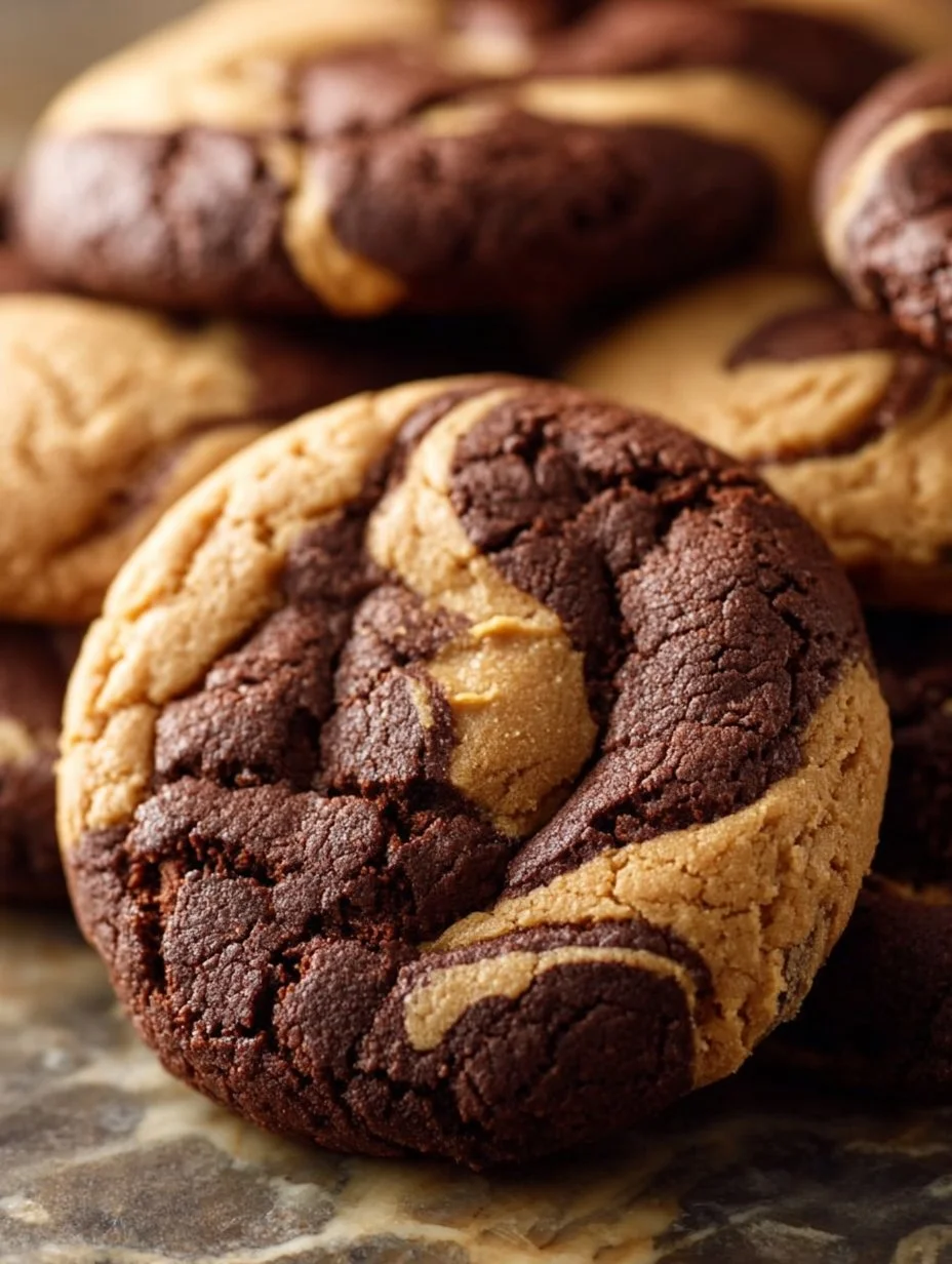 Delicious chocolate peanut butter swirl cookies on a plate.